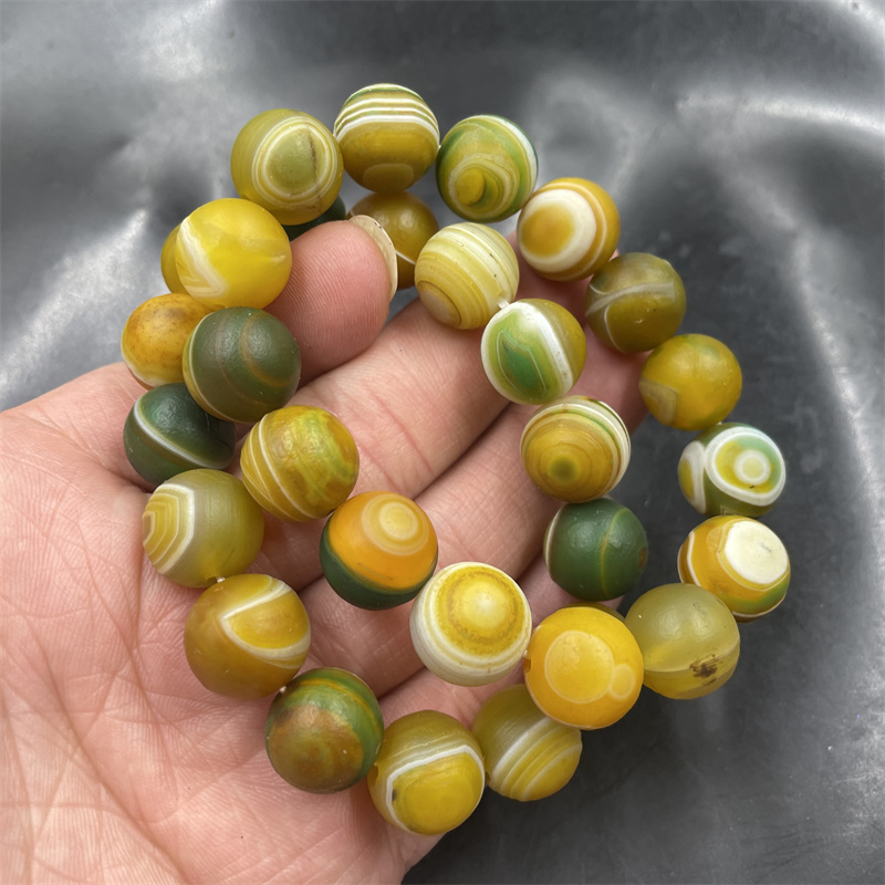四海玉器 14毫米哑光磨砂黄绿花玛瑙圆珠手链 手串 特价