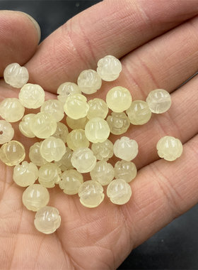 四海玉器 DIY饰品配件8毫米乳白色莲花珠散珠 浅黄色雕花玉珠子