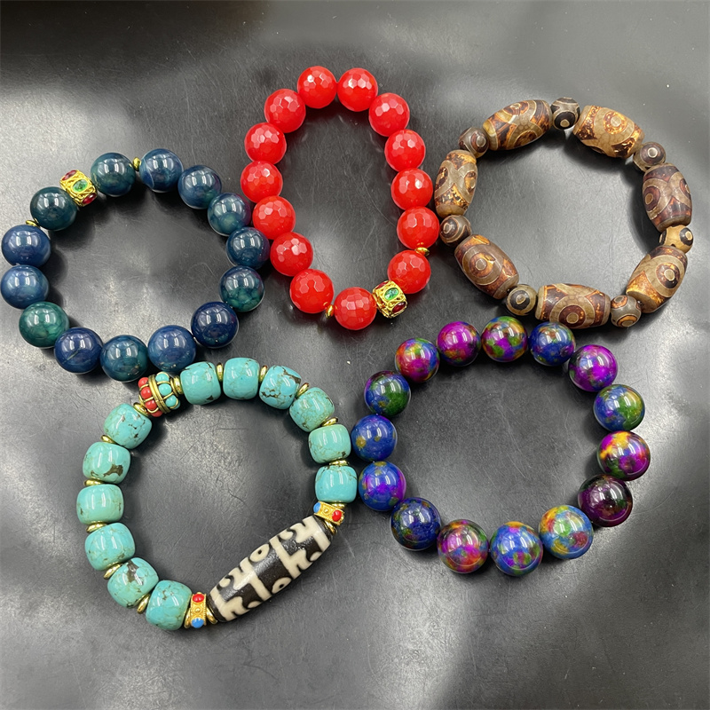 大红色玛瑙切面圆珠手链 优化绿松石算盘珠手串 三眼天珠玛瑙手链