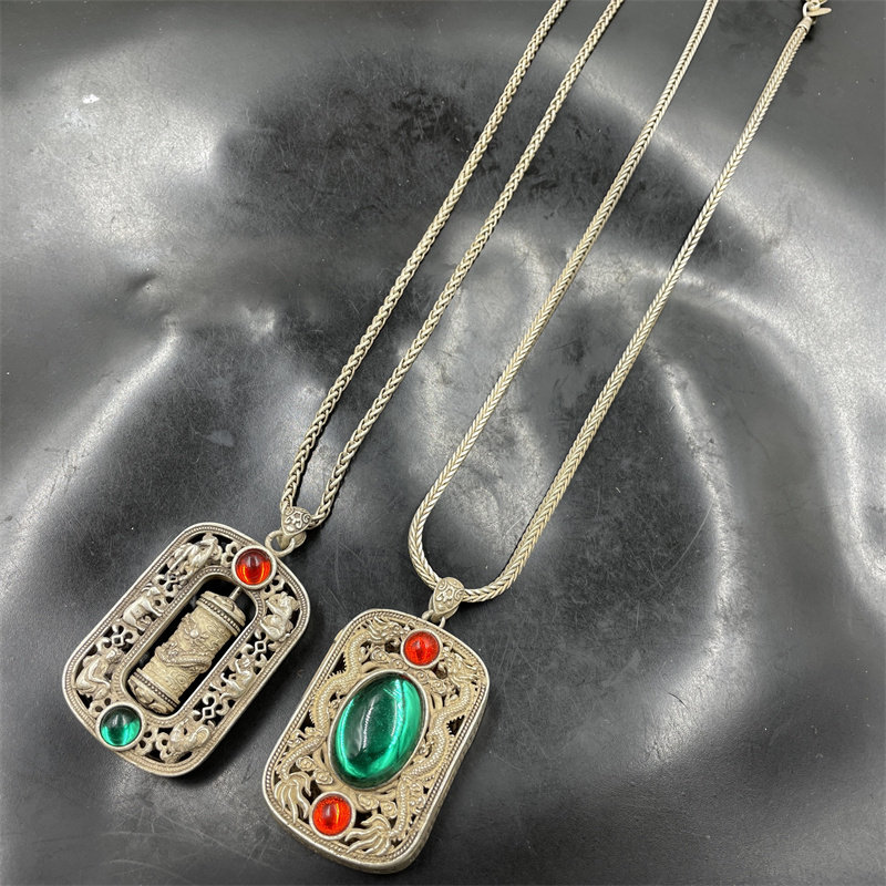 藏式复古做旧藏银项链 双龙牌子毛衣链 转运珠吊坠挂件