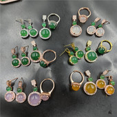 吊坠套装 女款 耳环 粉色玛瑙戒指 黄玉髓 镶嵌绿玉髓三件套