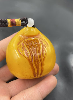 四海玉器 优化鸡油黄琥珀蜜蜡寿星把件 把玩件 特价