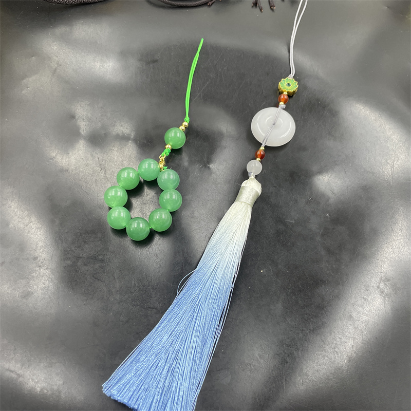 四海玉器 天然白玉金丝玉平安扣手机链 东陵玉圆珠吊坠 车挂