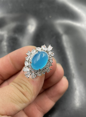 四海玉器 镶嵌蓝色玉髓玛瑙戒指 女款活扣可伸缩蓝玛瑙戒指