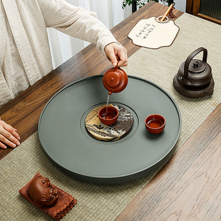 天然乌金石茶盘整块家用天罗绿茶台圆形轻奢简约家具排水式小茶海