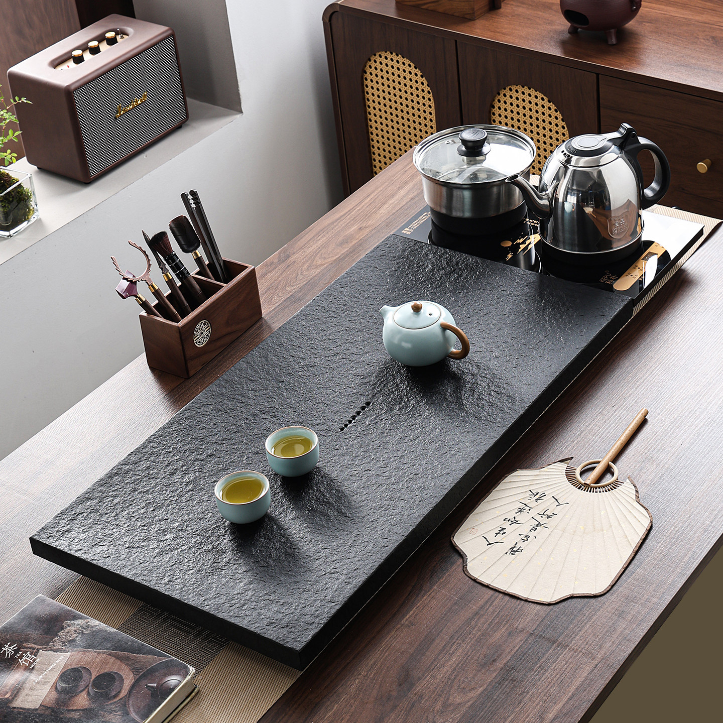 茶具天然乌金石茶盘套装自动上水茶台烧水壶茶托盘带排水茶海家用