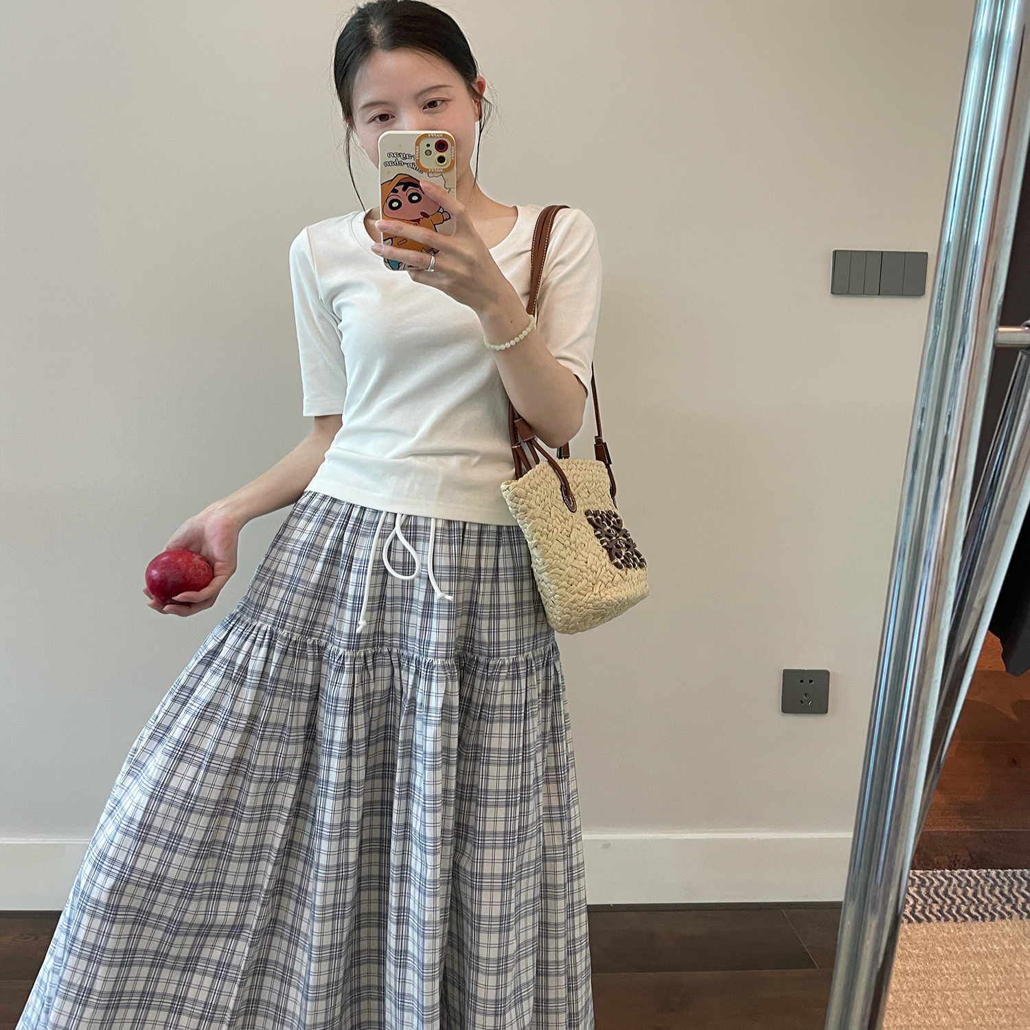 MINIKAT夏新 温柔大方小姐姐 松紧腰长绒棉格子半身裙长裙小个子