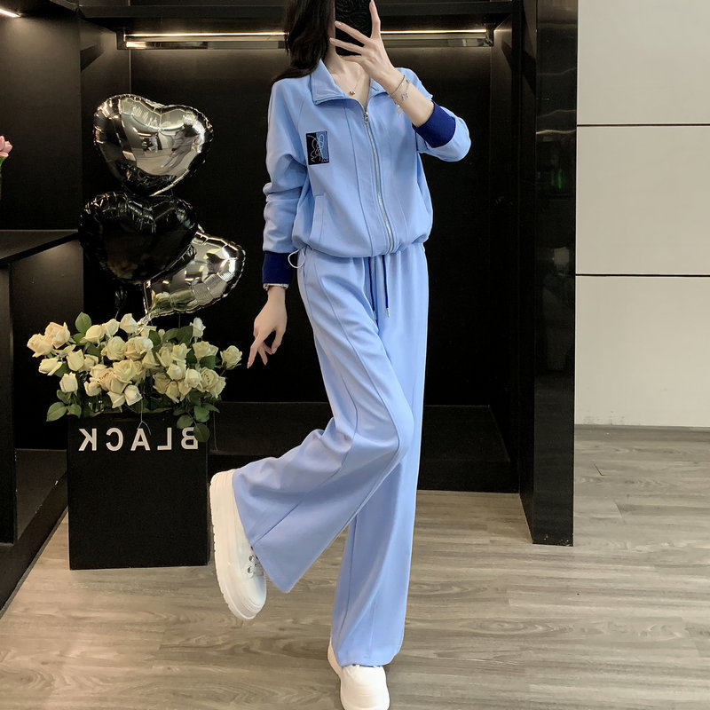 蓝色时尚套装女秋季新款立领开衫卫衣外套运动服休闲阔腿裤两件套,女装/女士精品,休闲运动套装,淘宝优惠券,粉丝福利购,淘宝优惠卷