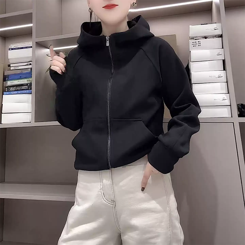 2025年秋冬新款加绒减龄百搭黑色拉链连帽卫衣开衫外套上衣小个子