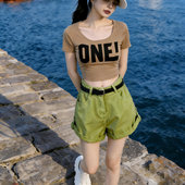 新款 两件套女夏季 气质小个子 T恤宽松牛仔短裤 性感印花字母U领短袖