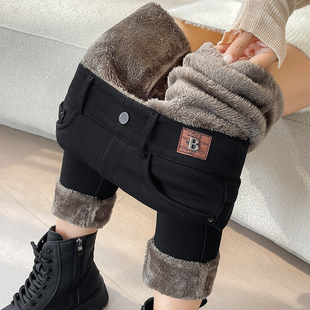 外穿加绒打底铅笔裤 黑色羊羔绒保暖高腰收腹牛仔小脚裤 女秋冬新款