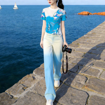 2026烫钻短袖T恤吊染蓝色牛仔裤两件套女春夏新款气质减龄潮时尚