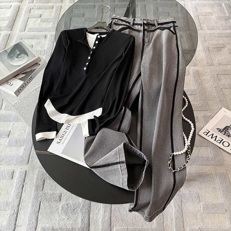 春秋季新款假两件打底衫牛仔裤两件套女气质减龄洋气休闲显瘦时尚