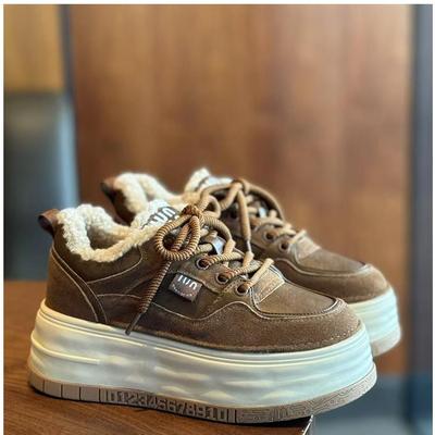 棕色厚底内增高德训鞋女2025秋冬新款巨好看加厚加绒休闲运动棉鞋