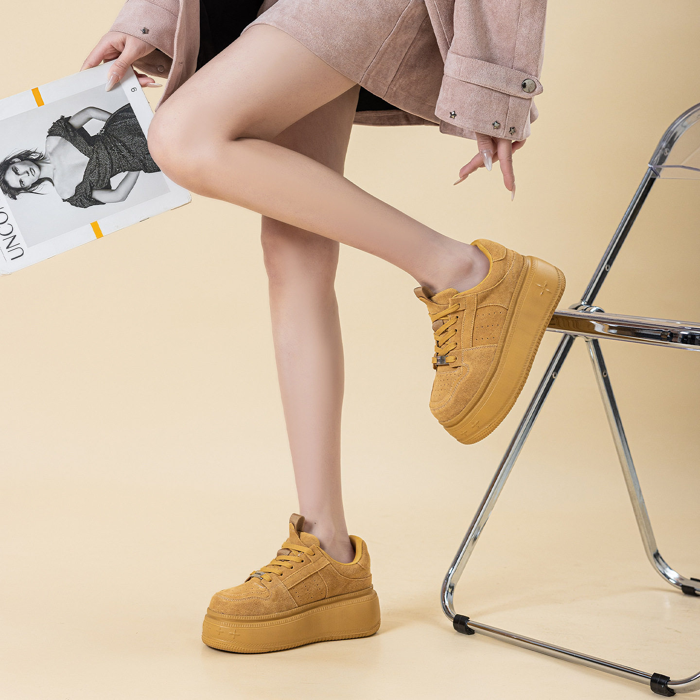 真皮松糕厚底板鞋女2026春季新款巨好看增高8厘米轻便耐磨小白鞋,女鞋,时尚休闲鞋,淘宝优惠券,粉丝福利购,淘宝优惠卷