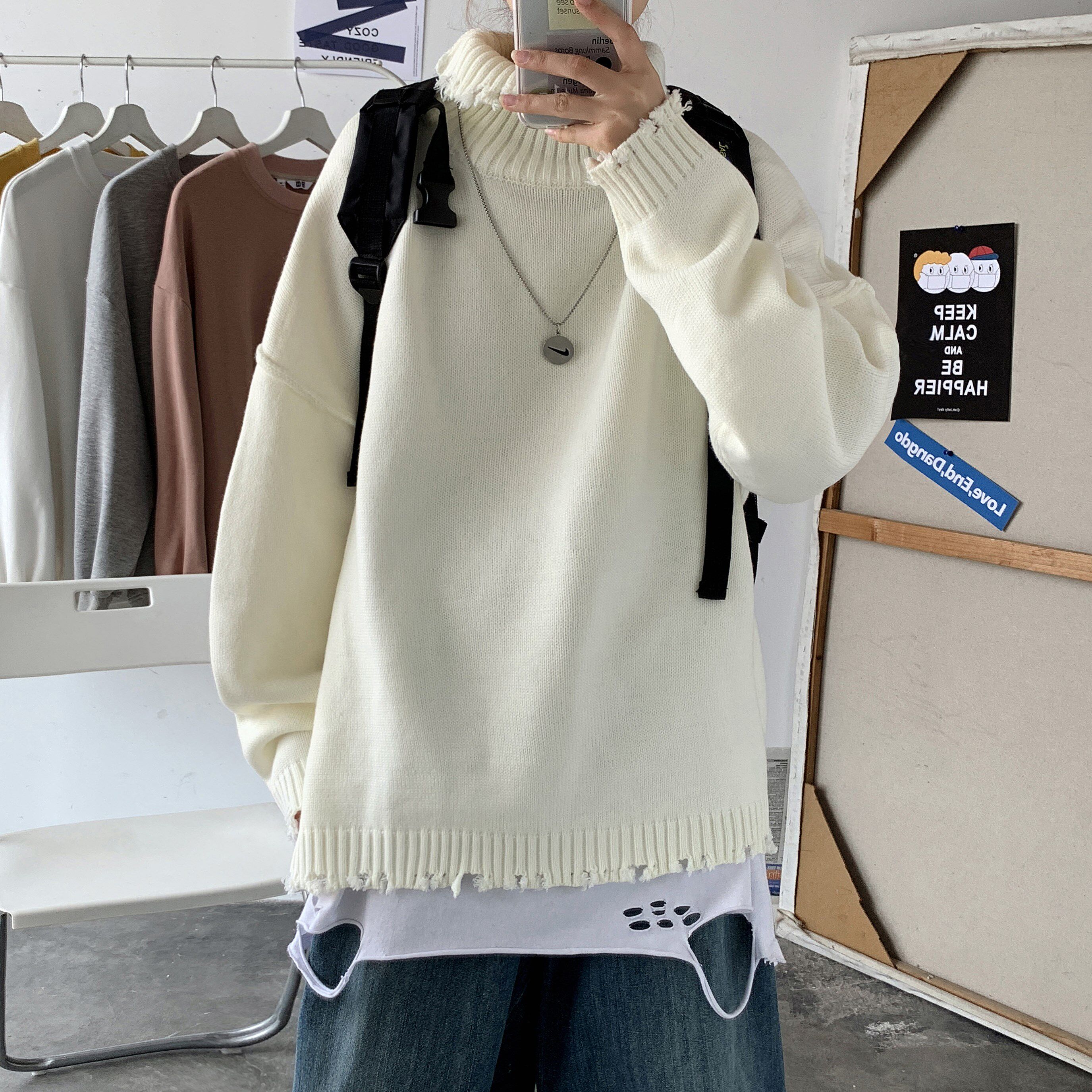 秋冬新品韩版情侣破洞毛衣做旧磨破ins男女宽松针织衫T802-P65图片
