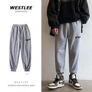 港风休闲裤男宽松印花百搭潮流束脚裤运动卫裤8801-P50,灰白黄三种毛线编织毛衣怎么搭配图片