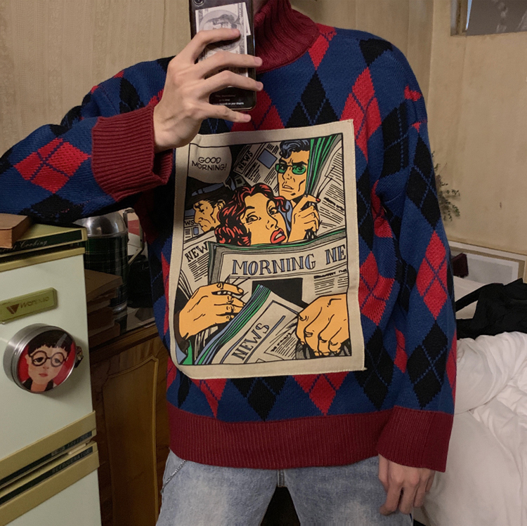 Homemade high collar knitwear fashion diamond lattice men and women couples ins cartoon loose autumn winter sweater