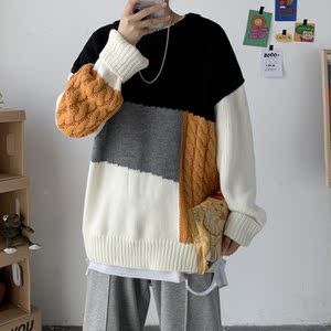 秋冬韩版慵懒风拼接情侣毛衣宽松潮流套头ins个性针织衫T812-P75图片