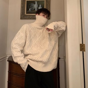 冬季加厚韩版针织衫宽松套头菱格高领毛衣男女T819-P88图片