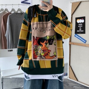 秋冬趣味印花情侣毛衣韩版宽松潮流格男女套头ins针织衫T810-P80图片