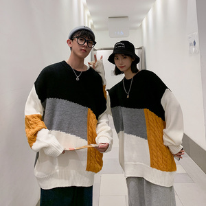 秋冬韩版拼色情侣毛衣宽松潮流慵懒套头个性针织衫男QT812-P75图片