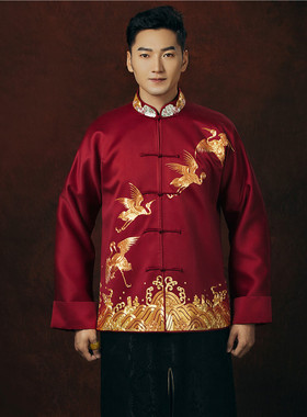 華芬嫁衣 新款长袍马褂 黑色双鱼长袍 盘金仙鹤马褂 男士婚服男装