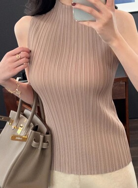 mmm collection 优雅姐姐褶皱半透弹力显瘦无袖上衣女夏气质时髦