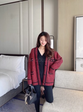 mmm collection【清仓特价】小香编织外套春秋法式复古红针织衫