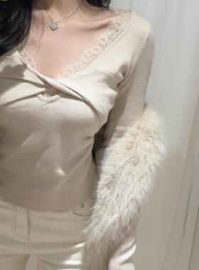 mmm collection 温柔奶杏色蕾丝领修身内搭针织上衣女气质打底衫