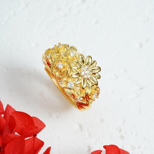 越南沙金戒指复古繁华锦簇雏菊花朵指环轻奢铜镀金久不掉色首饰品