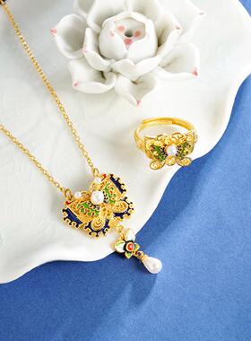 古法沙金珐琅彩项链戒指套装