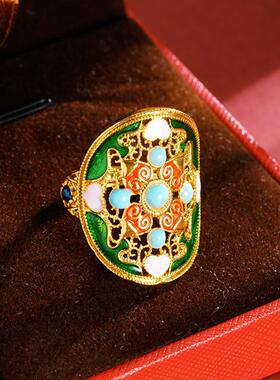 古法越南沙金复古珐琅彩女戒