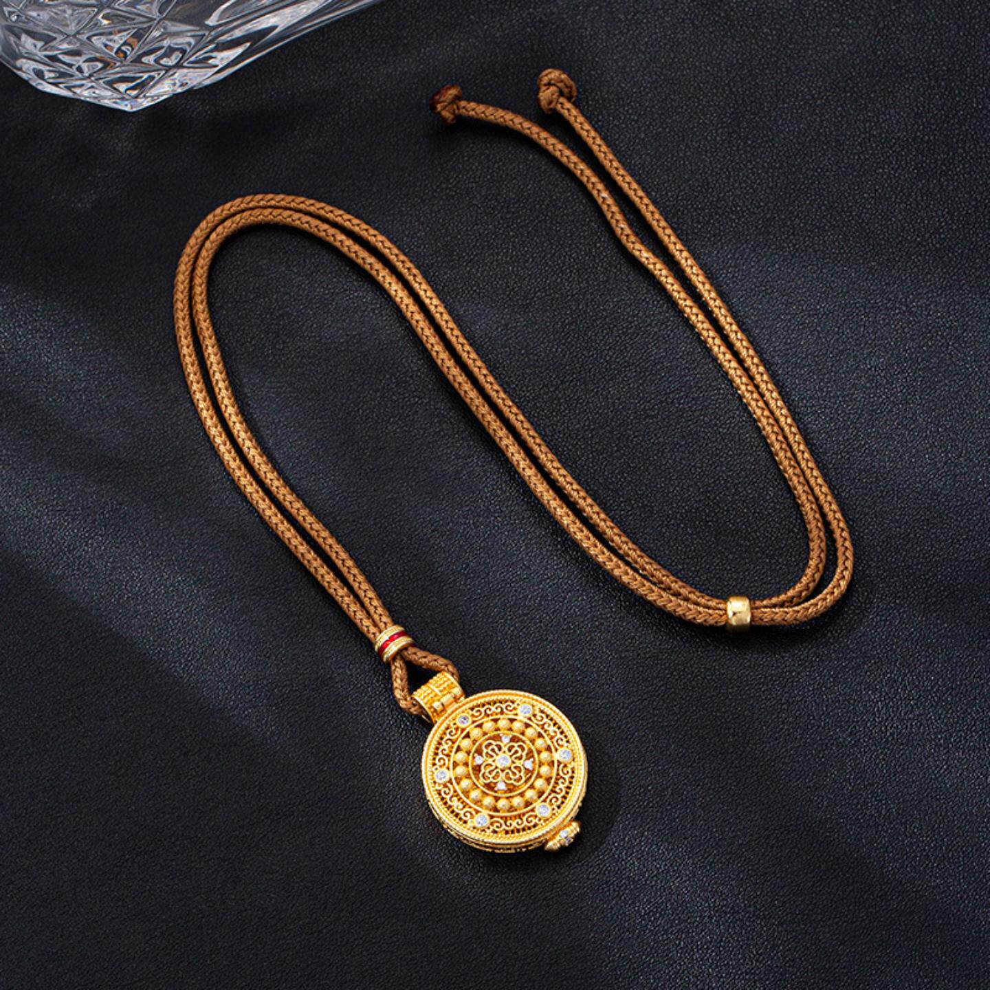 国潮越南沙金项链复古镶钻镂空罗盘开合吊坠中式久不掉色饰品