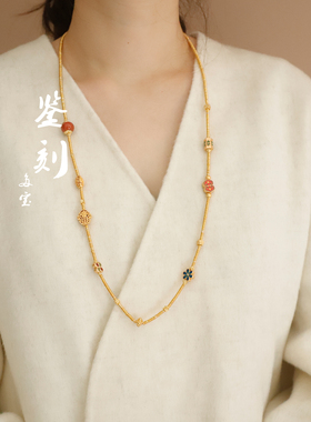 新款热卖多宝双面烧蓝花朵战国红石古法沙金配件长款项链毛衣链女