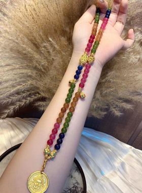 新中式仿碧玺水晶古法金吊牌项链