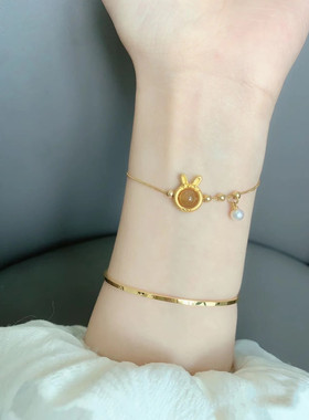 兔年新款可调节兔子手链甜甜圈福字吊坠铃兰花古法沙金配件手链女