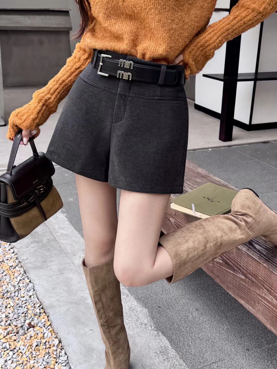 shishangxiu秋冬新款高腰显瘦A字呢料西装阔腿短裤女百搭外穿靴裤