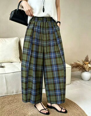 icoco爱可可十三行韩版时尚百搭高腰显瘦格子休闲裤女宽松阔腿裤