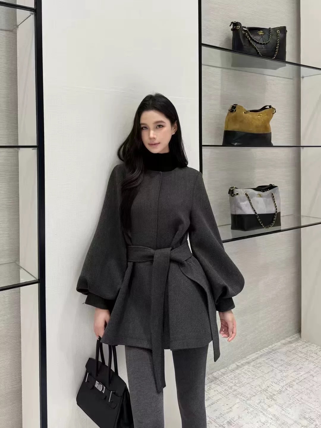 vn韦恩韩版2025新款灯笼袖系带收腰中长款毛呢风衣外套女小个子