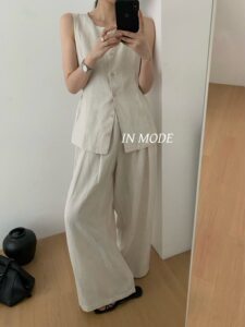IN MODE春夏新款百搭显瘦极简韩风背心马甲系带阔腿裤套装9005