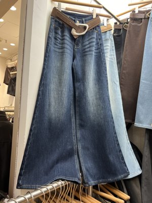 cm正品复古四面弹微喇叭加绒牛仔裤冬季不贴腿筒喇裤直筒阔腿长裤