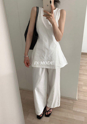 inmode夏无袖上衣背心裙+长裤阔腿休闲裤女OL紫色两件套套装高级