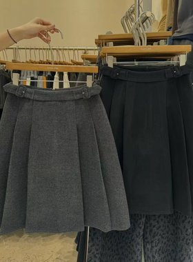 icoco爱可可十三行显瘦韩国气质百搭灰色半身裙高腰百褶裙中长裙