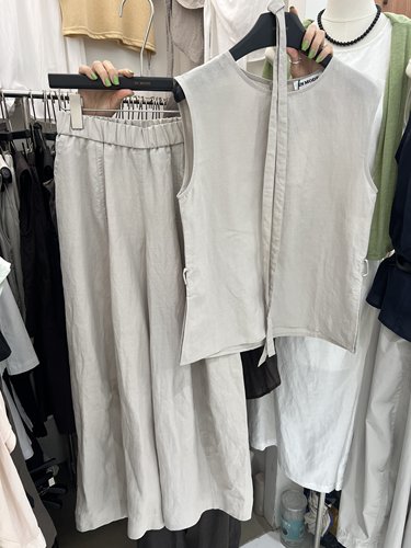 in mode高端夏新款亚麻套装女无袖背心上衣系带阔腿裤两件套9021