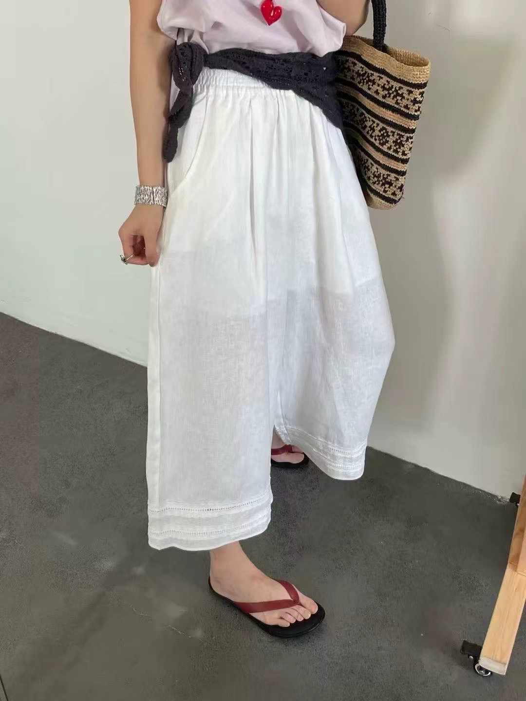 icoco爱可可新款白色天丝麻料裤宽松显瘦蕾丝花边直筒阔腿裤女