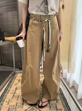 tabu她步时尚抽绳口袋弯刀口袋工装裤女夏季高腰显瘦休闲阔腿长裤