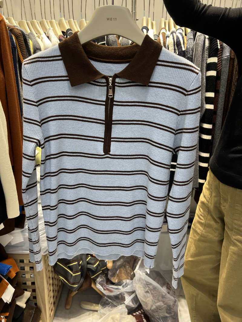 we11冬上新韩系半拉链翻领套头混纺POLO领针织衫含10羊毛 竖条纹