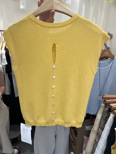 CRAYON蜡笔6969正品夏新品圆领后背纽扣镂空天丝冰丝针织衫上衣女
