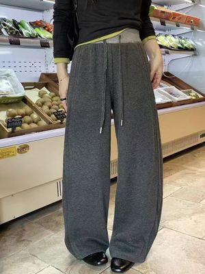 韩依秀加绒加厚弯刀阔腿裤女冬款小个子松紧腰直筒休闲裤卫裤3079